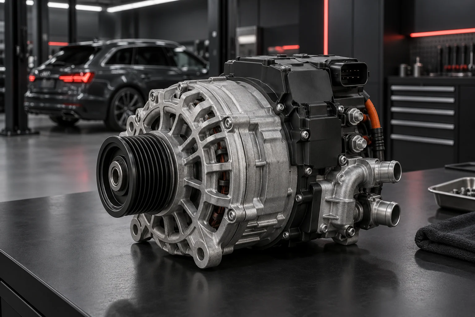 48V-Riemenstartergenerator mit integrierter Leistungselektronik und Kühlanschlüssen