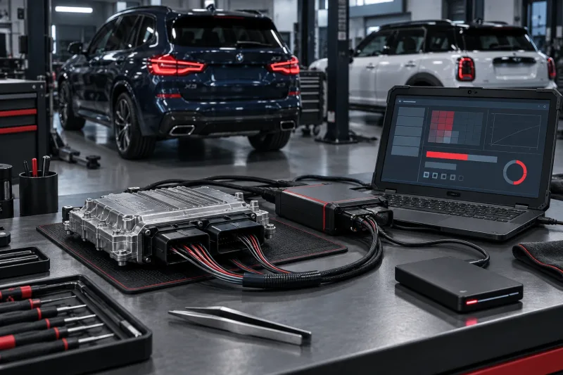 BMW Bosch MDG1-Steuergerät mit Pinout-Adapter, Diagnoselaptop, BMW X3 und MINI Countryman in einer modernen Werkstatt