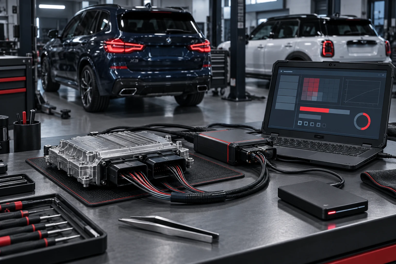 BMW Bosch MDG1-Steuergerät mit Pinout-Adapter, Diagnoselaptop, BMW X3 und MINI Countryman in einer modernen Werkstatt