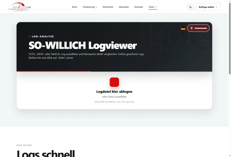 Helle Ansicht des kostenlosen SO-Willich Logviewers mit Uploadbereich für VCDS-, MHD- und VehiCAL-Logs