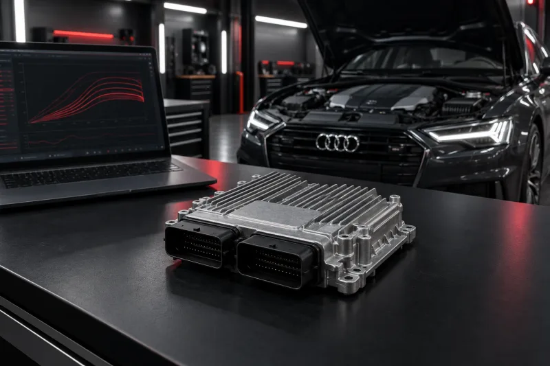 Bosch MD1CS014 Motorsteuergerät neben Diagnoselaptop und Audi A6 C8 mit geöffnetem Motorraum