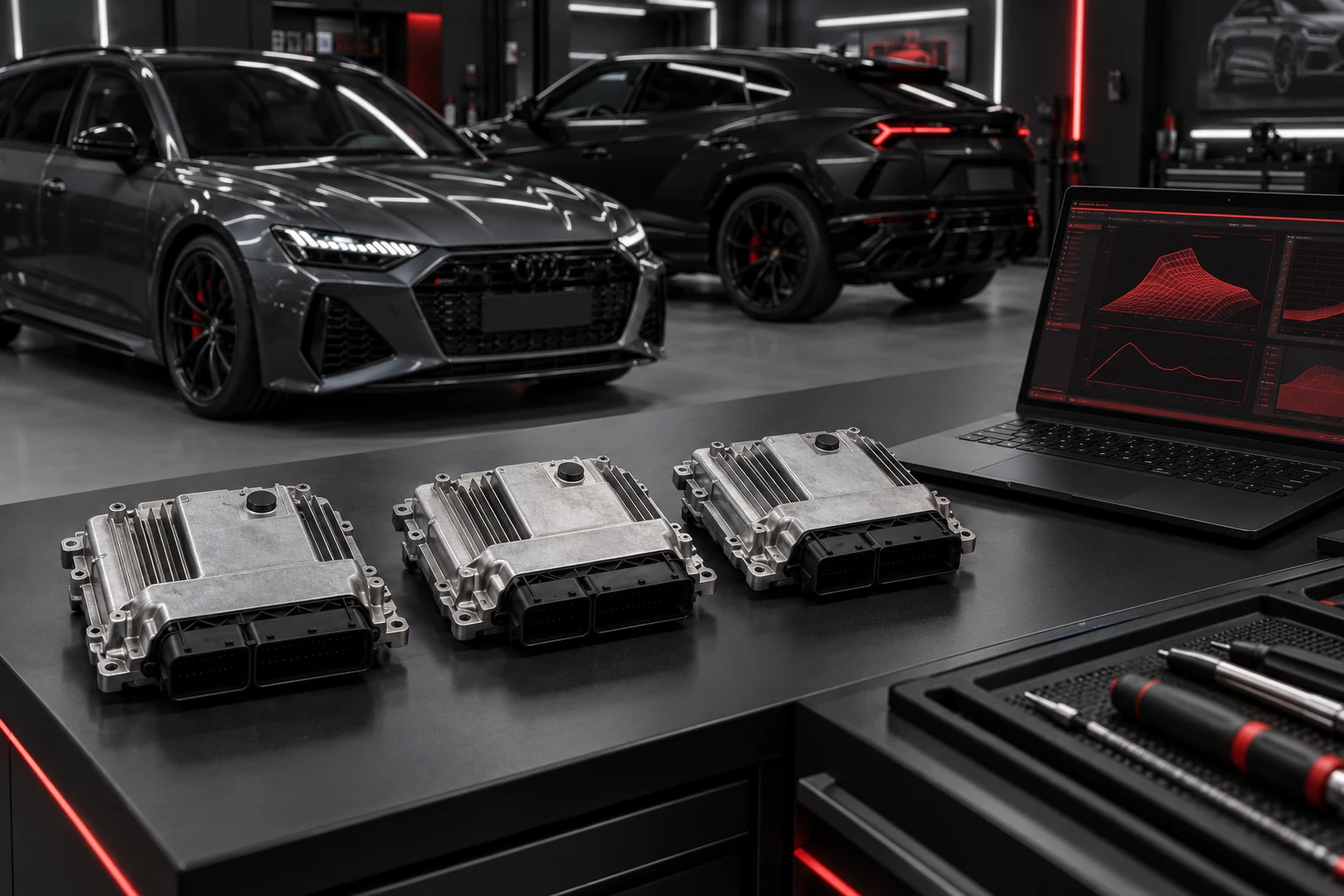 Drei Bosch MG1-Motorsteuergeräte neben Diagnoselaptop mit Audi RS6 und Lamborghini Urus in einer modernen Werkstatt