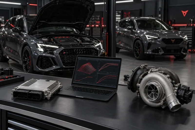 Bosch MG1-Steuergerät, Diagnoselaptop und größerer Turbolader vor Audi RS3 8Y und Cupra Formentor VZ5