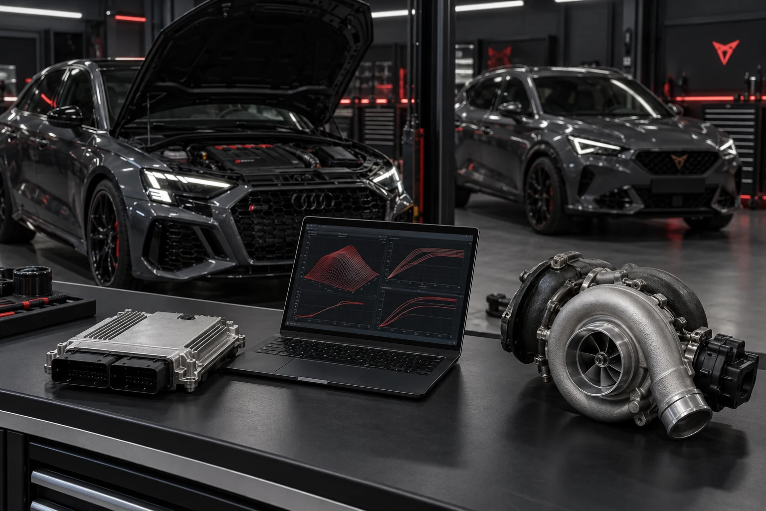 Bosch MG1-Steuergerät, Diagnoselaptop und größerer Turbolader vor Audi RS3 8Y und Cupra Formentor VZ5