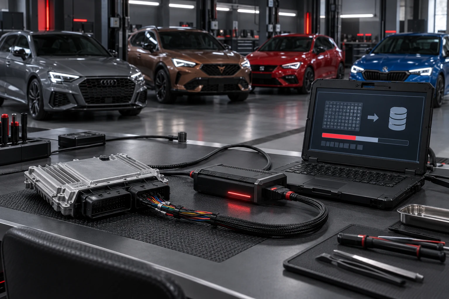 VAG Bosch MDG1-Steuergerät mit Bench-Adapter und Diagnoselaptop vor Audi A3, Cupra Formentor, SEAT Leon und Škoda Fabia