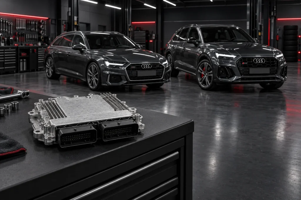 MD1CS014 Motorsteuergerät in einer modernen Werkstatt mit Audi A6 C8 und Audi SQ5