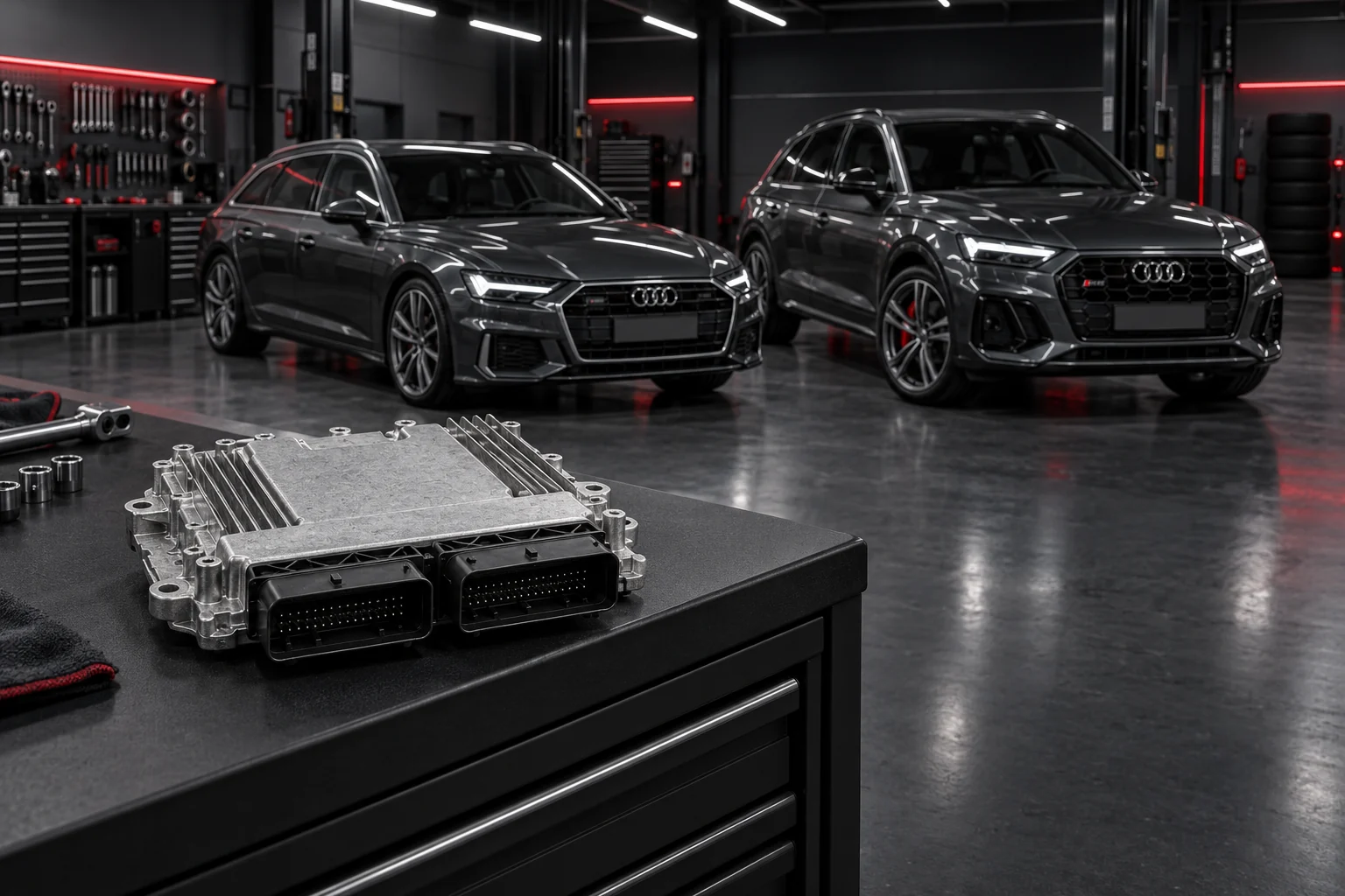 MD1CS014 Motorsteuergerät in einer modernen Werkstatt mit Audi A6 C8 und Audi SQ5