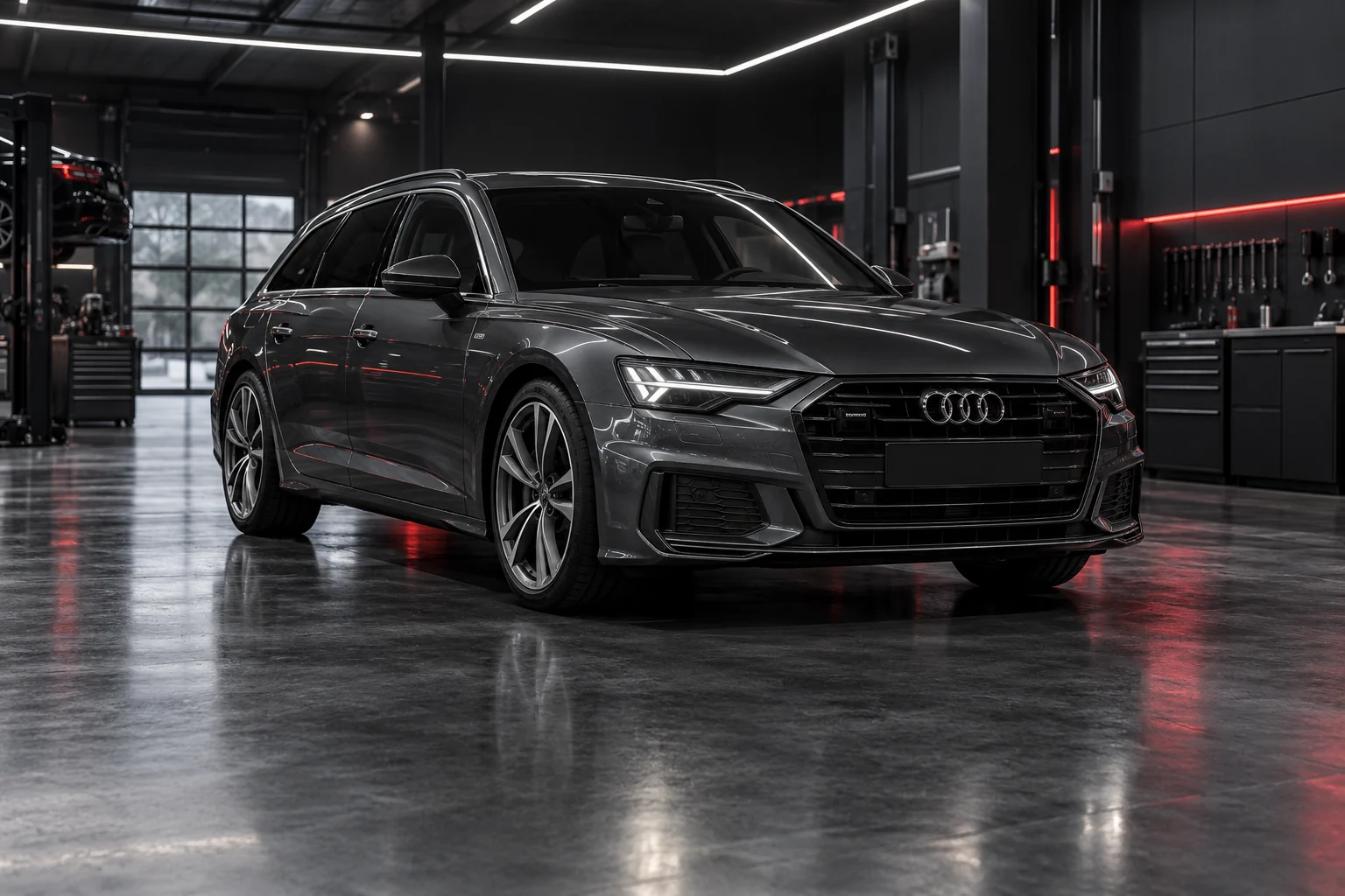 Audi A6 C8 in einer modernen Werkstatt als Beispiel für ein Fahrzeug mit 48V-Riemenstartergenerator
