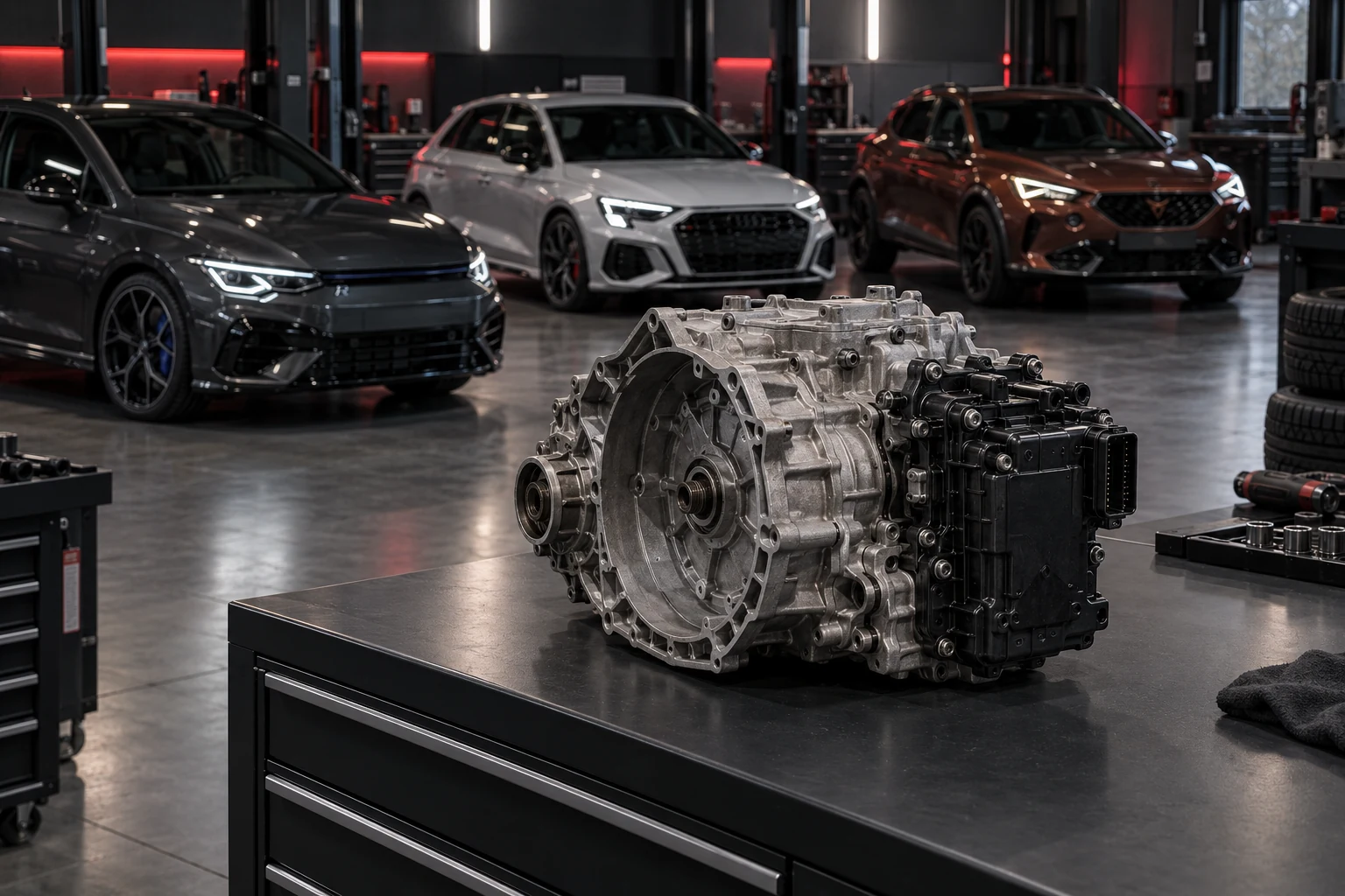DQ38x-Doppelkupplungsgetriebe mit Audi S3, Cupra Formentor und Volkswagen Golf in einer modernen Werkstatt