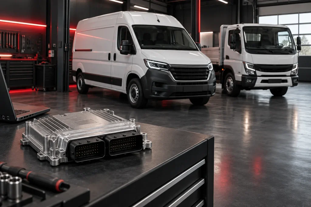 Leichtes Nutzfahrzeug, Lkw und MD1CS069 Motorsteuergerät in einer modernen Werkstatt