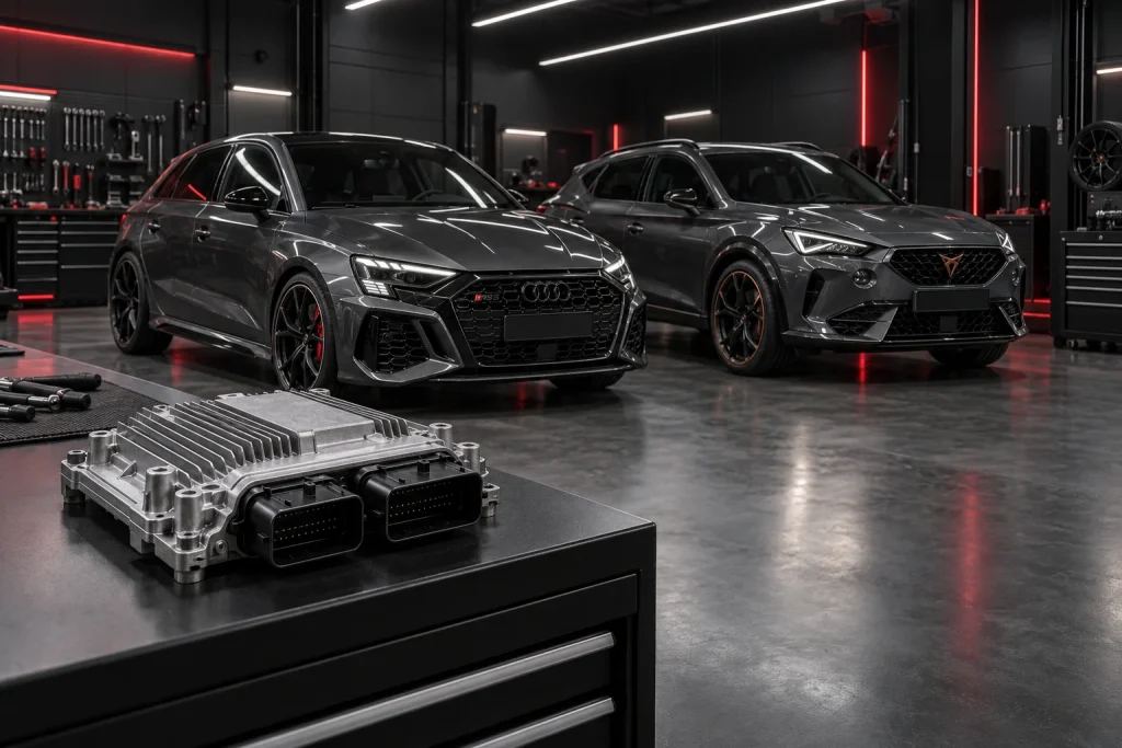 Bosch MG1-Motorsteuergerät mit Audi RS3 8Y und Cupra Formentor VZ5 in einer modernen Werkstatt