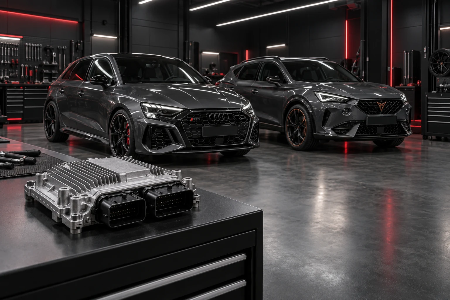Bosch MG1-Motorsteuergerät mit Audi RS3 8Y und Cupra Formentor VZ5 in einer modernen Werkstatt