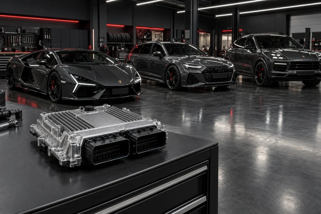 Bosch MG1-Motorsteuergerät mit Lamborghini Revuelto, Audi RS6 und Porsche Cayenne in einer modernen Werkstatt