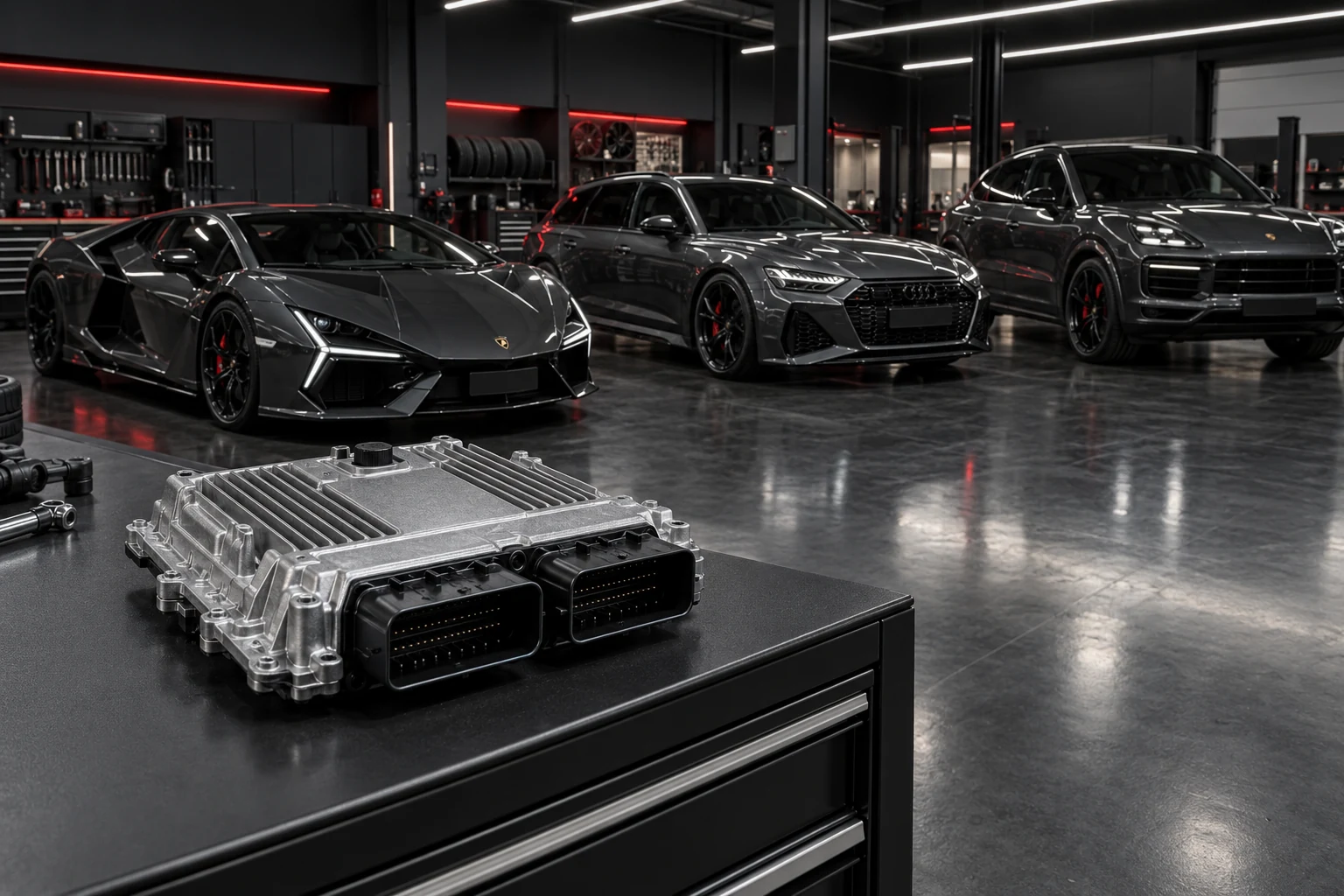 Bosch MG1-Motorsteuergerät mit Lamborghini Revuelto, Audi RS6 und Porsche Cayenne in einer modernen Werkstatt