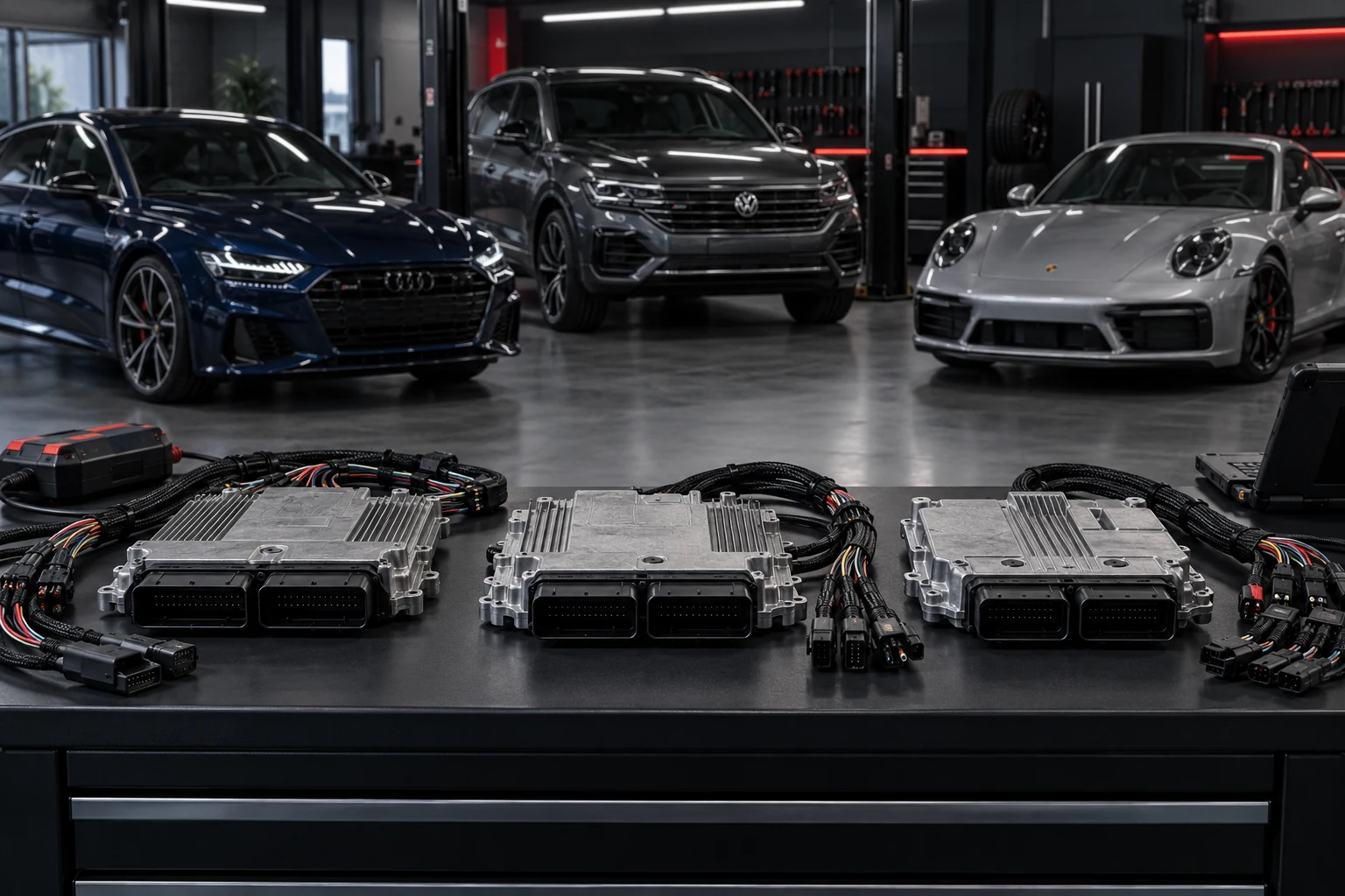 Drei Bosch MDG1-Motorsteuergeräte mit Audi S7, Volkswagen Touareg und Porsche 911 in einer modernen Werkstatt