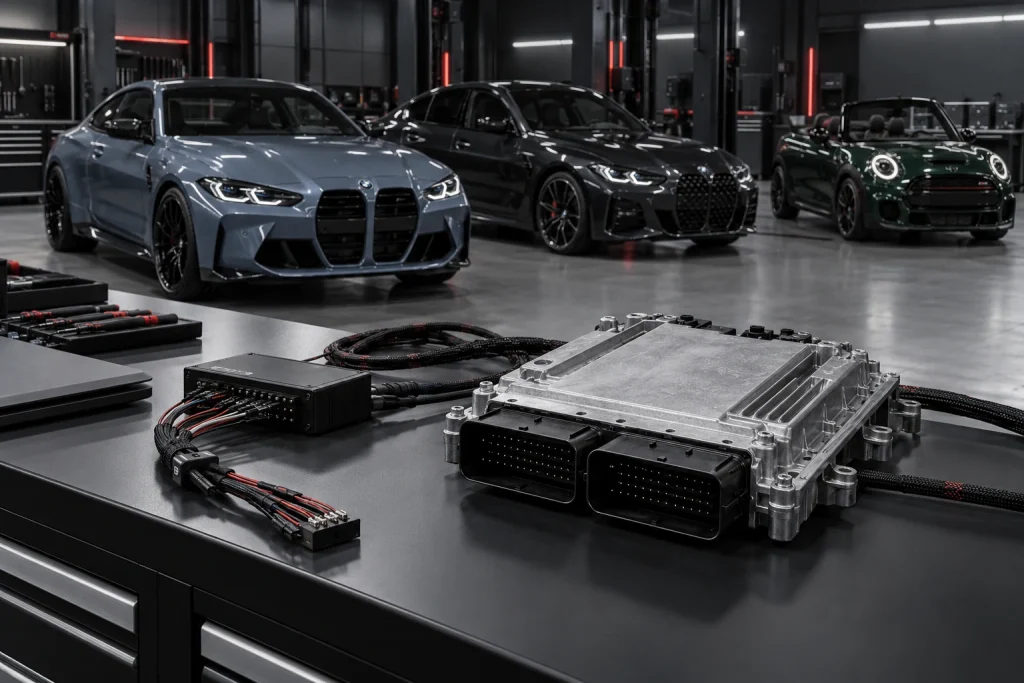 Bosch MDG1-Motorsteuergerät mit BMW M2, BMW 4er Gran Coupé und MINI Cooper in einer modernen Werkstatt