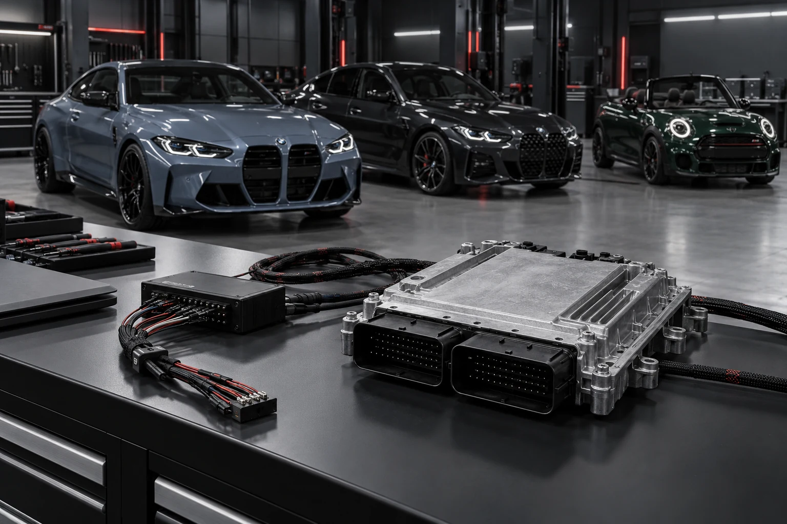 Bosch MDG1-Motorsteuergerät mit BMW M2, BMW 4er Gran Coupé und MINI Cooper in einer modernen Werkstatt