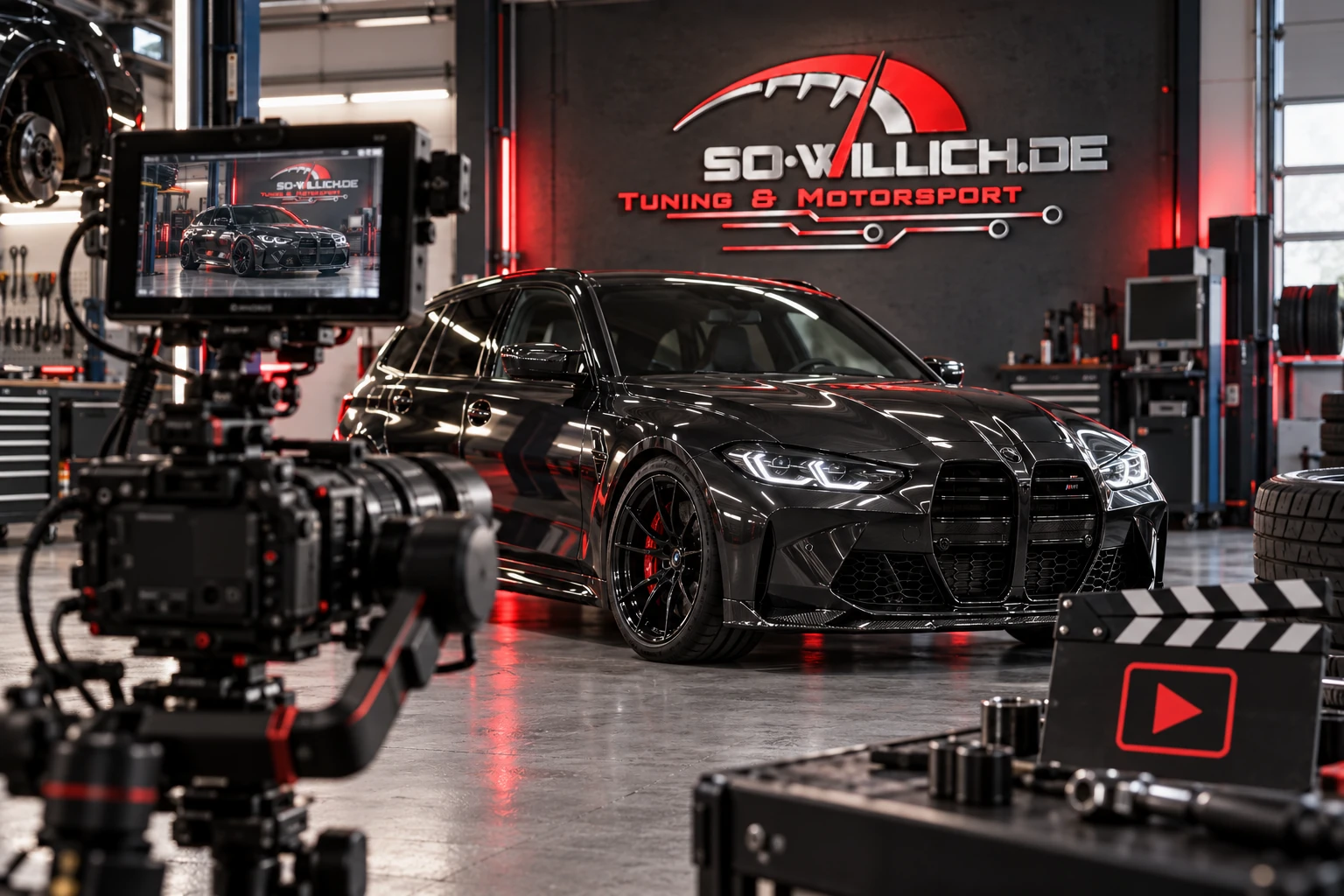 Videodreh für den YouTube-Kanal sowtuning mit professioneller Kamera, Performance-Fahrzeug und SO-Willich Logo in der Werkstatt