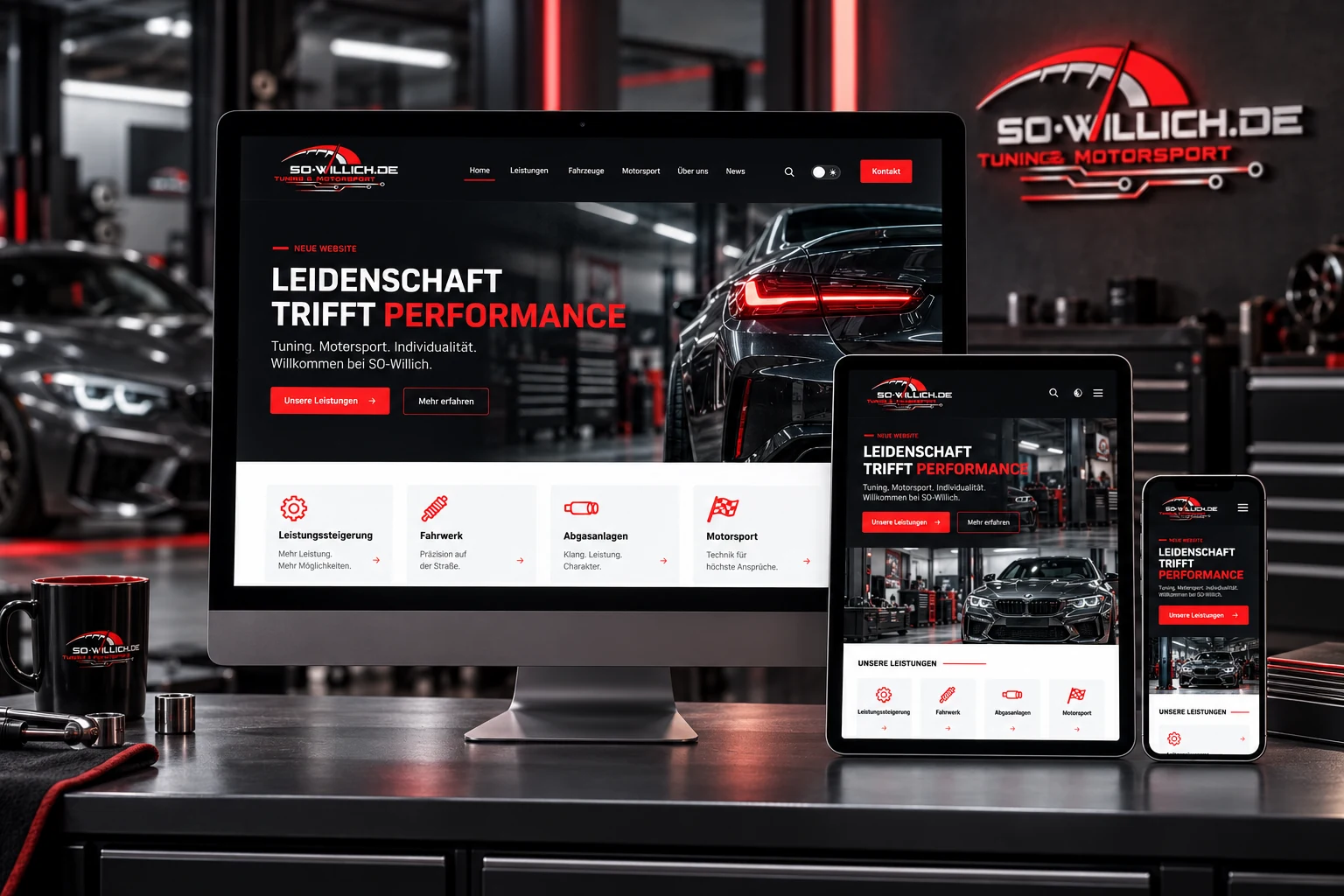 SO-Willich Logo und neue responsive Homepage auf Desktop, Tablet und Smartphone