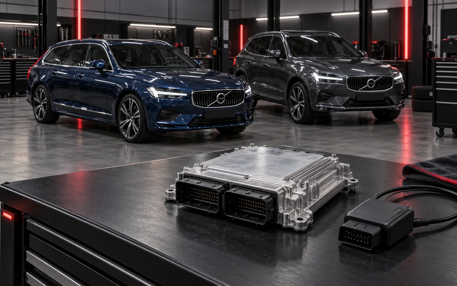 Volvo V90 und XC60 in einer modernen Werkstatt mit Denso VEA Gen 2 Motorsteuergerät und OBD-Diagnoseadapter